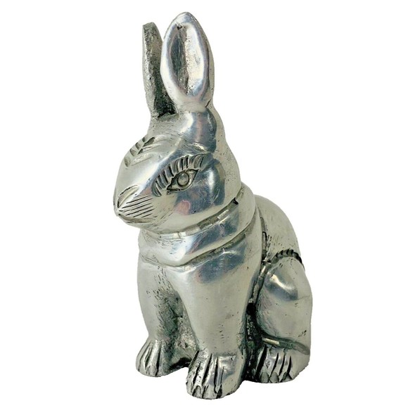 Vintage Pewter Bunny Rabbit Figurine Easter Silver Tone Heavy 4" tall - Picture 2 of 16